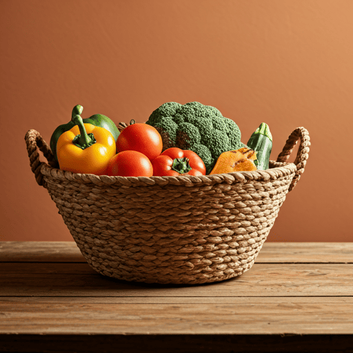 Un panier de produits frais posé sur une table en bois